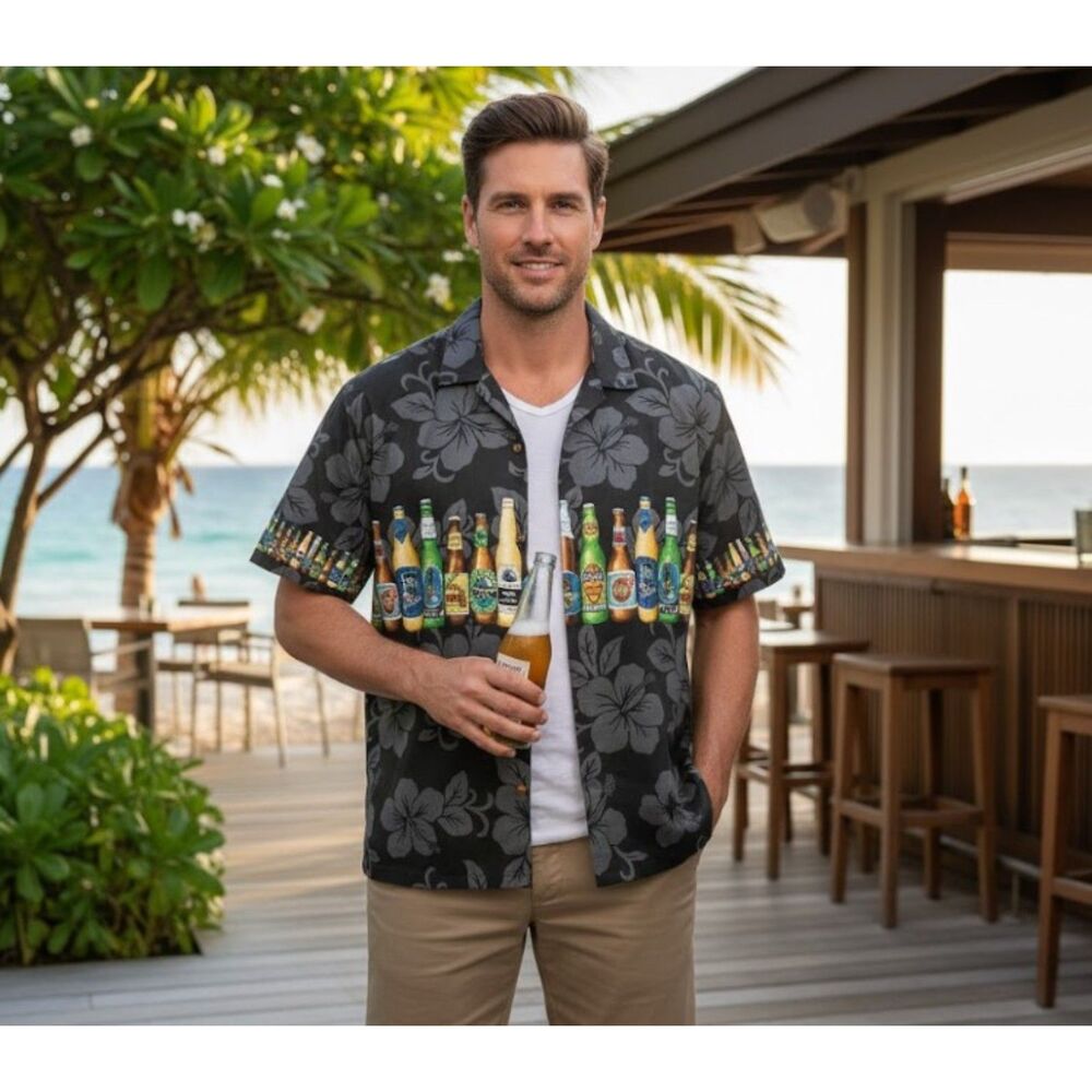 KYs Hawaiian Shirt Floral Beer Button Front Made In Hawaii Mens Size L